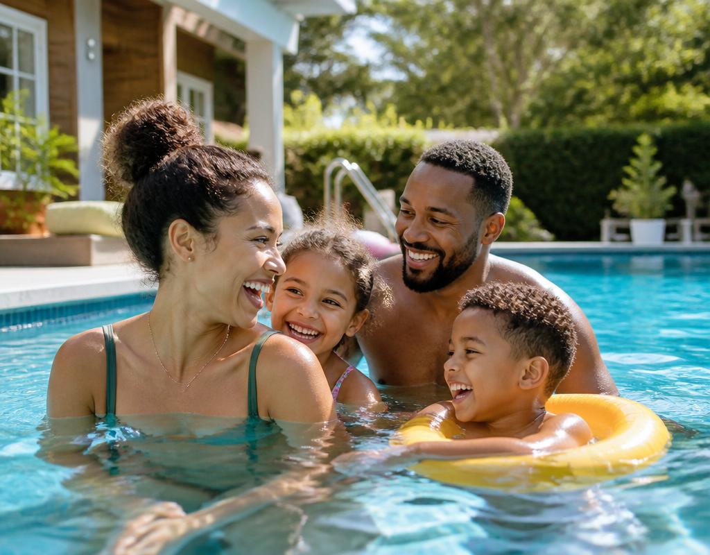 Happy family enjoying their pool